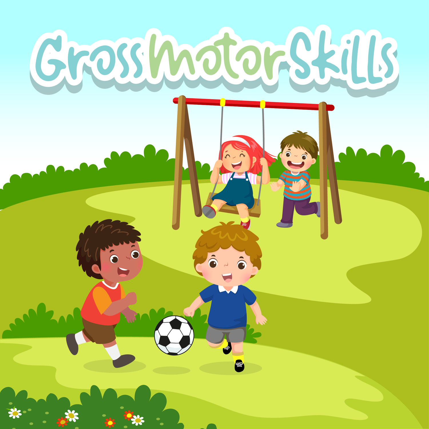 Gross motor skills: a child kicking a ball.