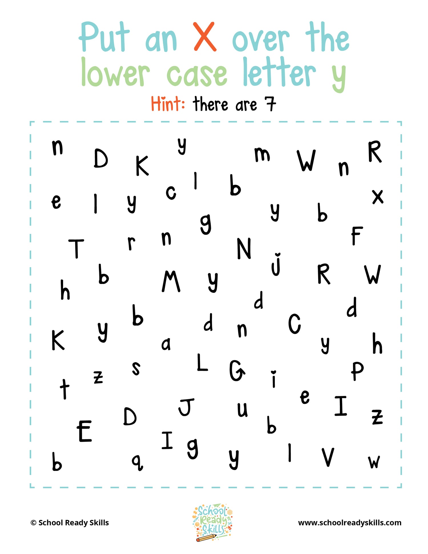 Interior page of Circle the Letters Printable that works on visual motor and fine motor skills. Lower case letters are the example here. 