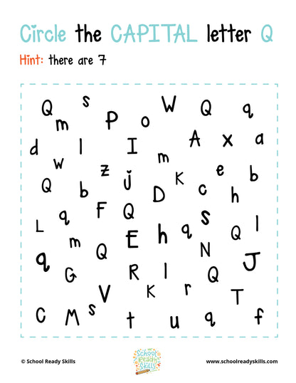 Interior page of Circle the Letters Printable that works on visual motor and fine motor skills. Capital letters are the example here. 
